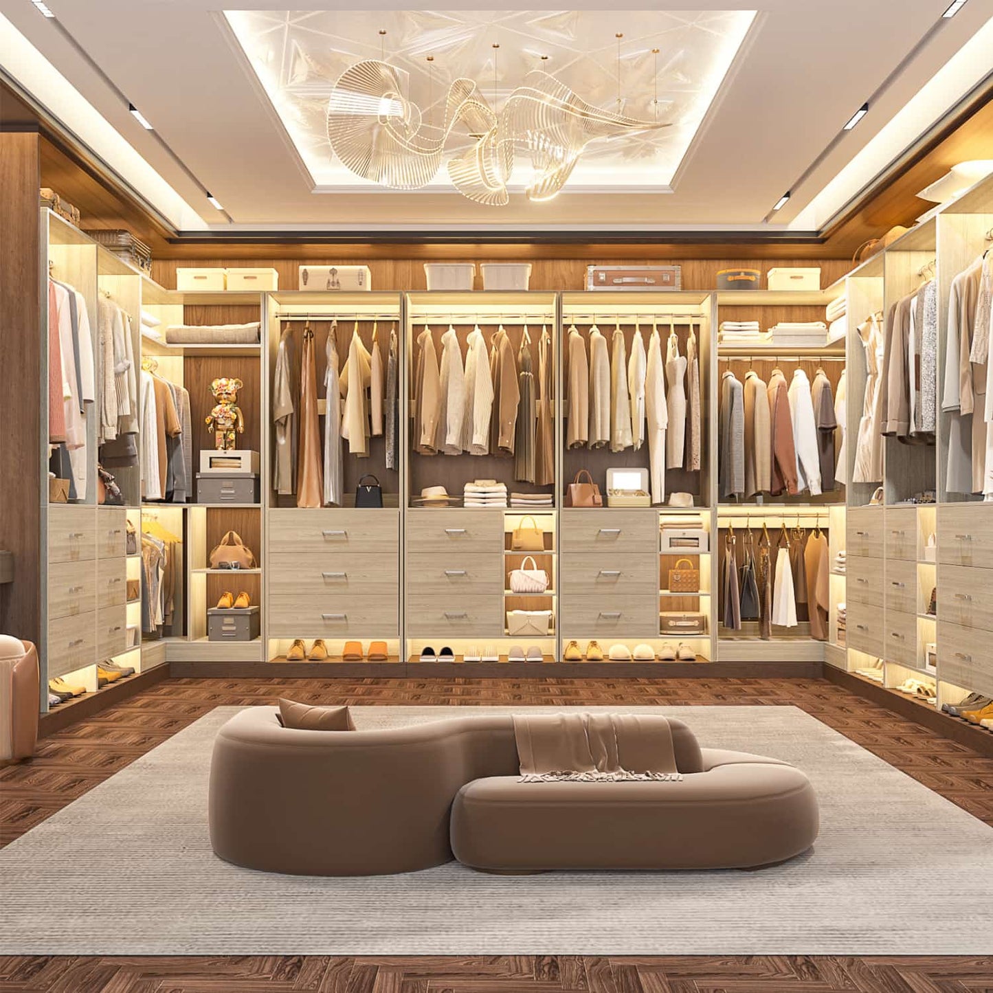 86-In Closet System Set with Wood Drawers, Corner Closet Organizer with Hanging Rods