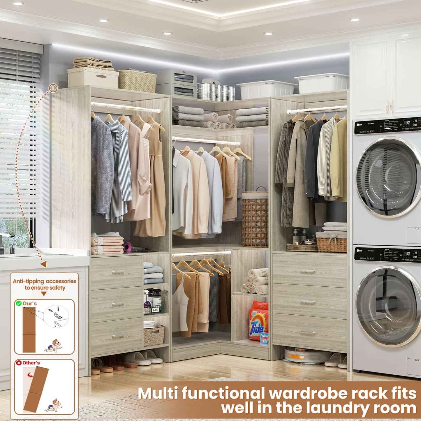 86-In Closet System Set with Wood Drawers, Corner Closet Organizer with Hanging Rods