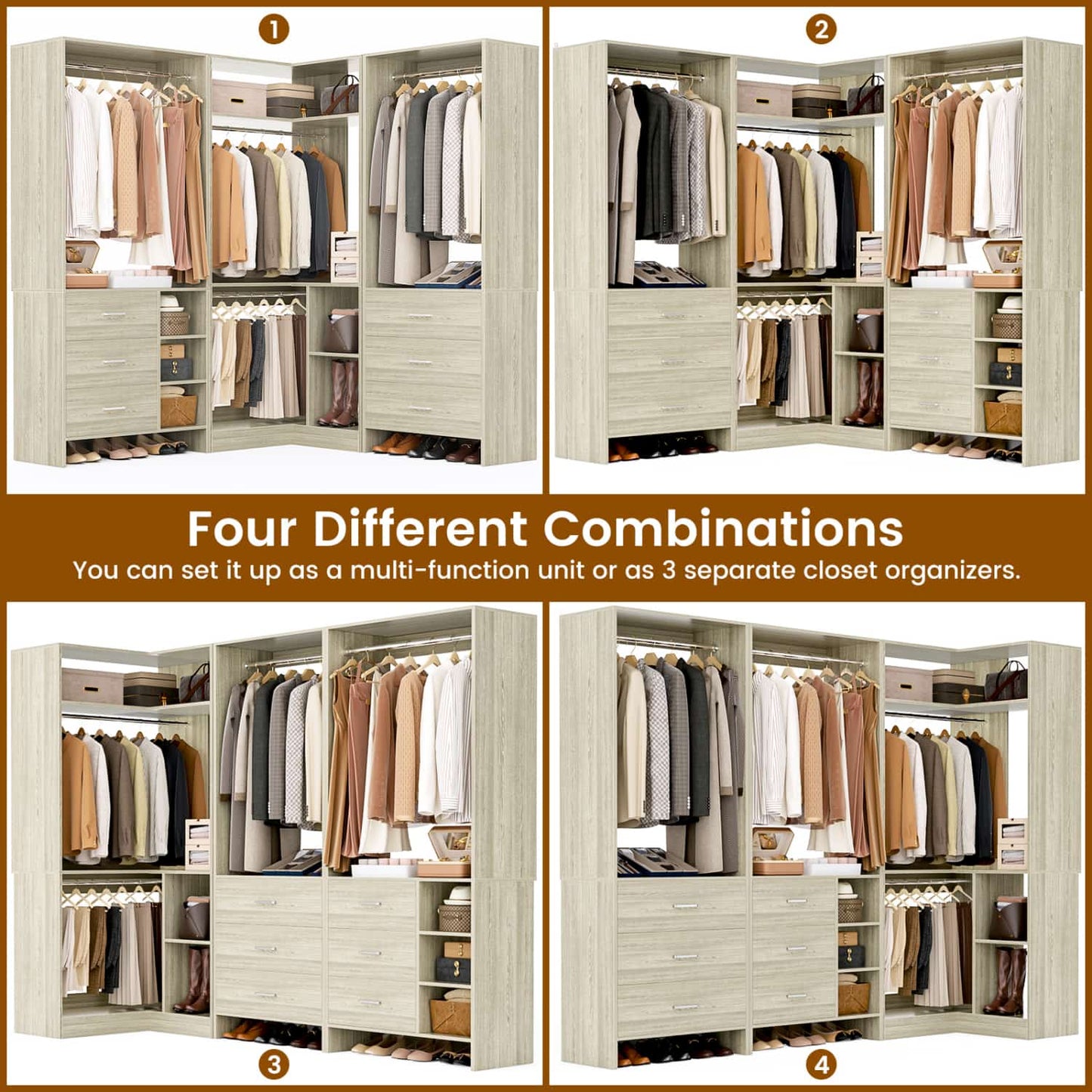86-In Closet System Set with Wood Drawers, Corner Closet Organizer with Hanging Rods