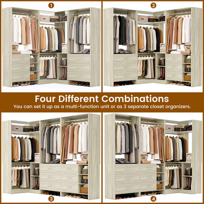 86-In Closet System Set with Wood Drawers, Corner Closet Organizer with Hanging Rods