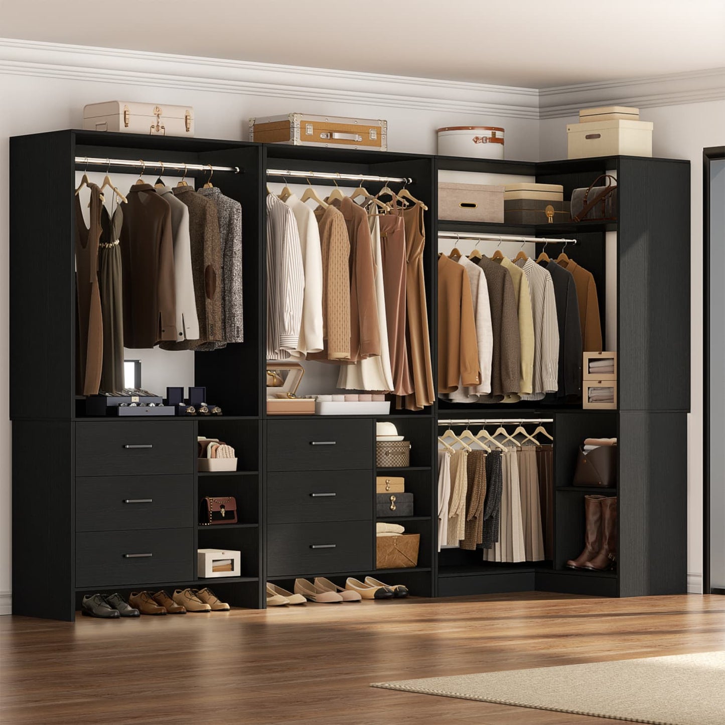 92-In Closet System Set with Wood Drawers, Corner Closet Organizer with Hanging Rods