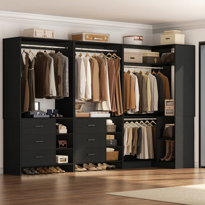 92-In Closet System Set with Wood Drawers, Corner Closet Organizer with Hanging Rods