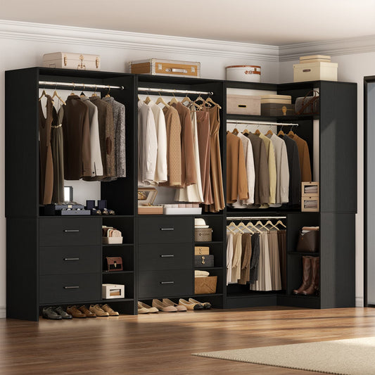 92-In Closet System Set with Wood Drawers, Corner Closet Organizer with Hanging Rods