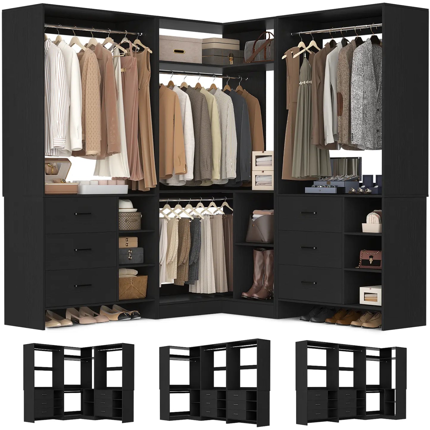 92-In Closet System Set with Wood Drawers, Corner Closet Organizer with Hanging Rods