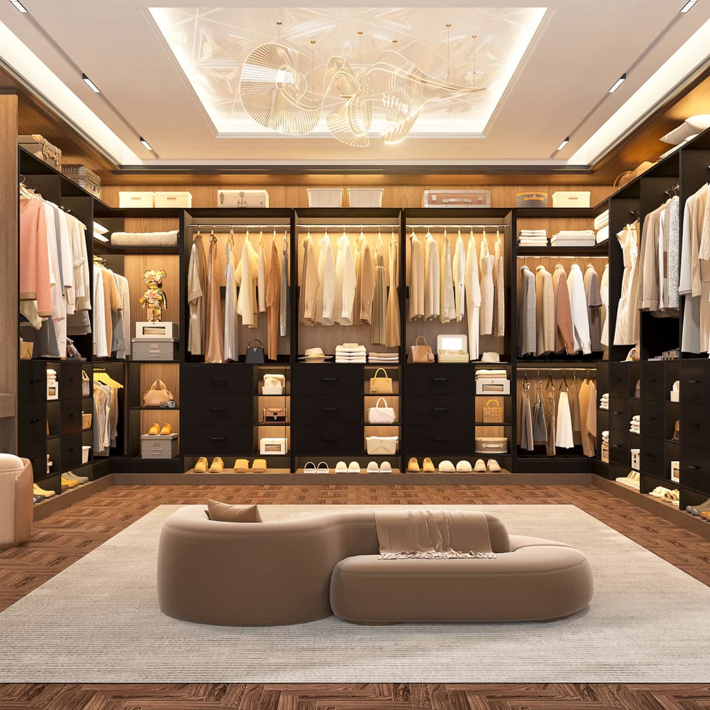 92-In Closet System Set with Wood Drawers, Corner Closet Organizer with Hanging Rods
