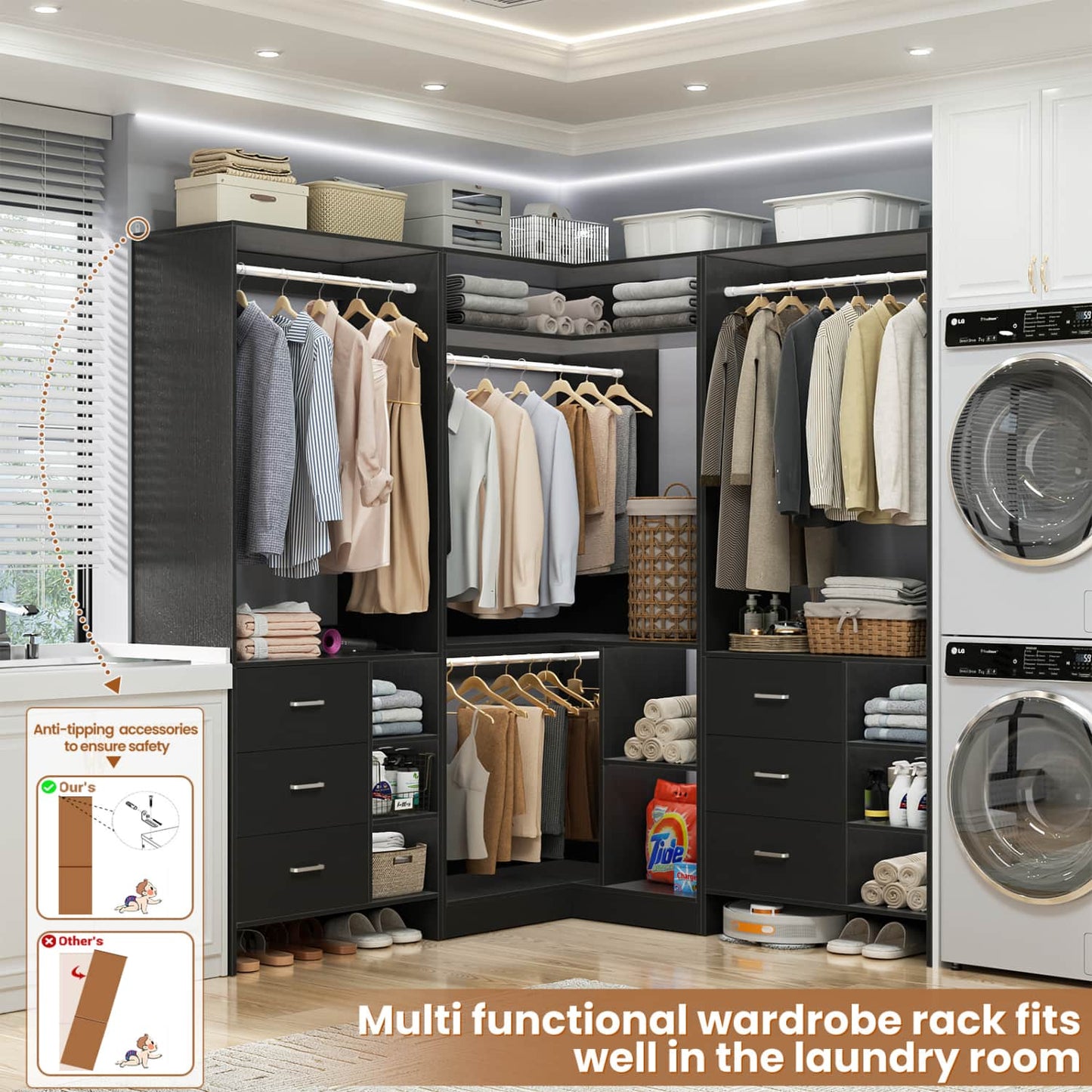 92-In Closet System Set with Wood Drawers, Corner Closet Organizer with Hanging Rods