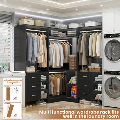 92-In Closet System Set with Wood Drawers, Corner Closet Organizer with Hanging Rods