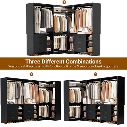 92-In Closet System Set with Wood Drawers, Corner Closet Organizer with Hanging Rods