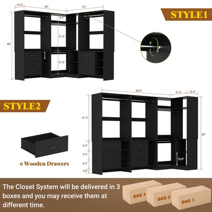 92-In Closet System Set with Wood Drawers, Corner Closet Organizer with Hanging Rods