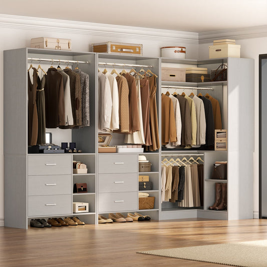 92-In Closet System Set with Wood Drawers, Corner Closet Organizer with Hanging Rods