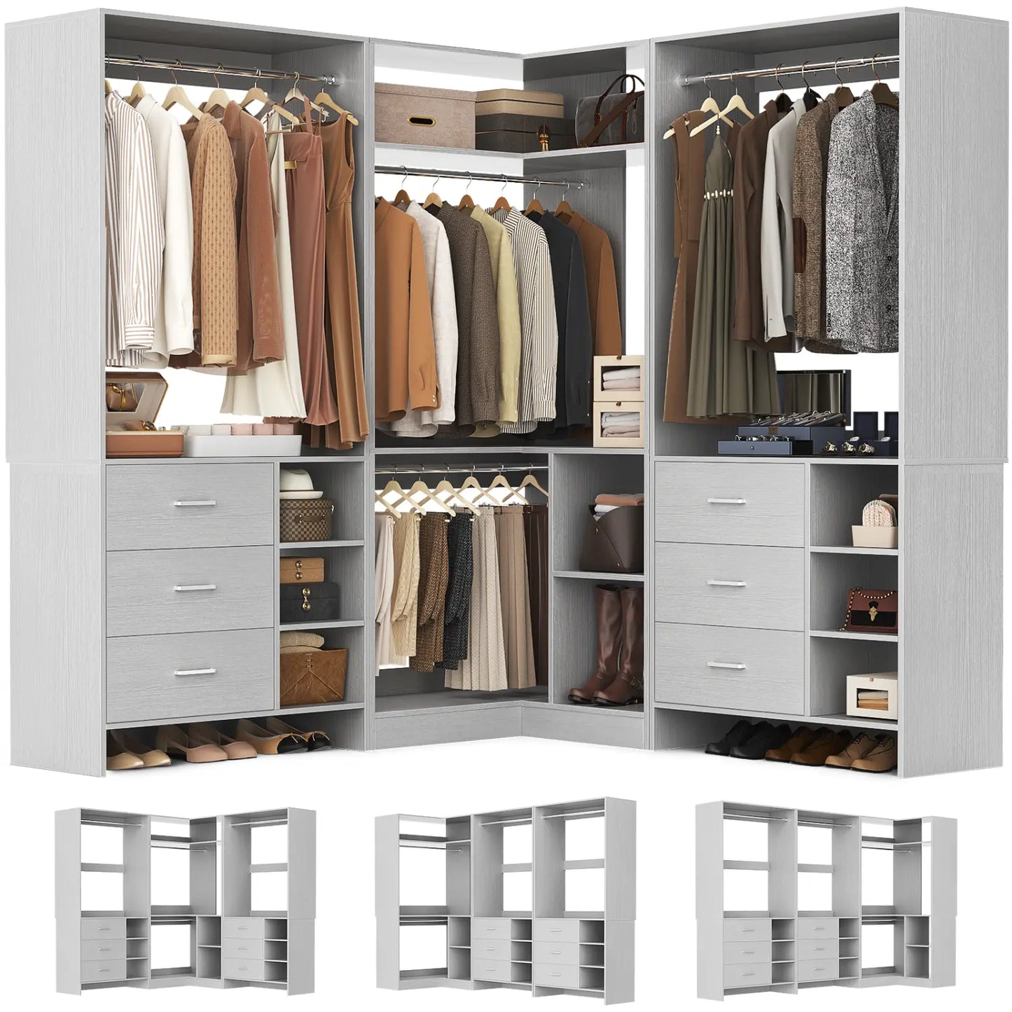 92-In Closet System Set with Wood Drawers, Corner Closet Organizer with Hanging Rods