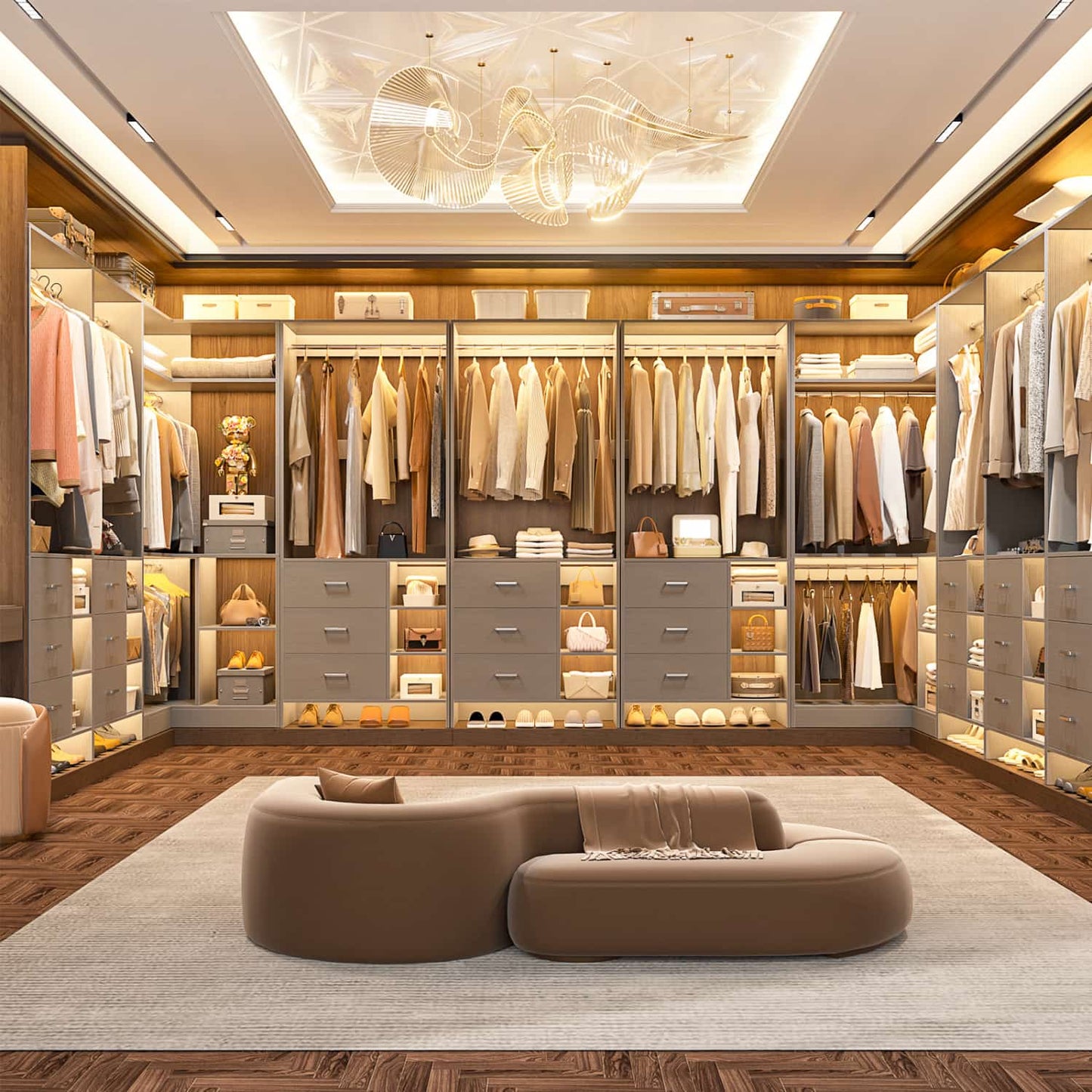 92-In Closet System Set with Wood Drawers, Corner Closet Organizer with Hanging Rods