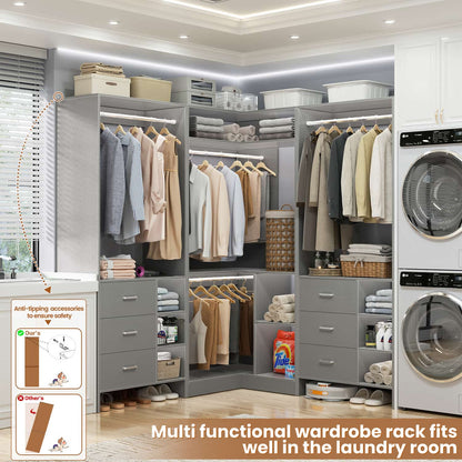 92-In Closet System Set with Wood Drawers, Corner Closet Organizer with Hanging Rods