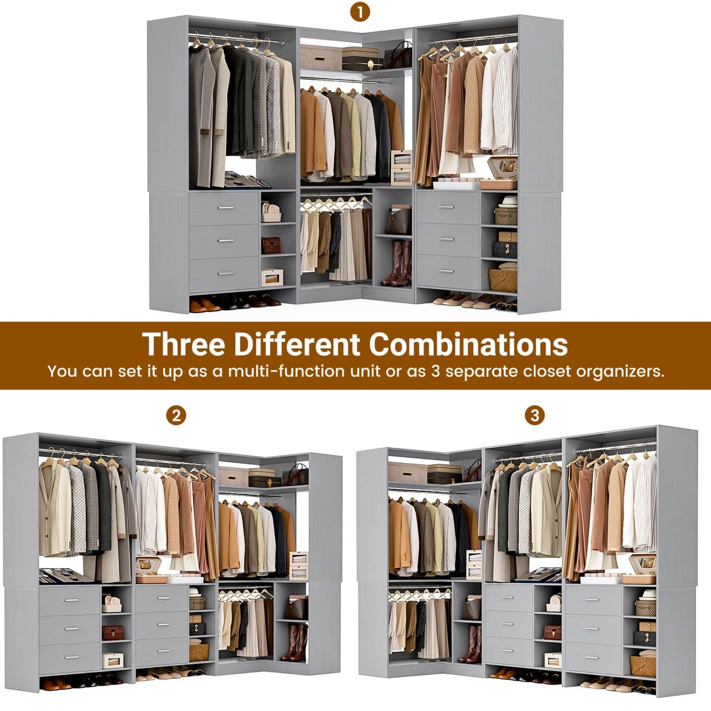 92-In Closet System Set with Wood Drawers, Corner Closet Organizer with Hanging Rods