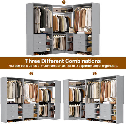 92-In Closet System Set with Wood Drawers, Corner Closet Organizer with Hanging Rods