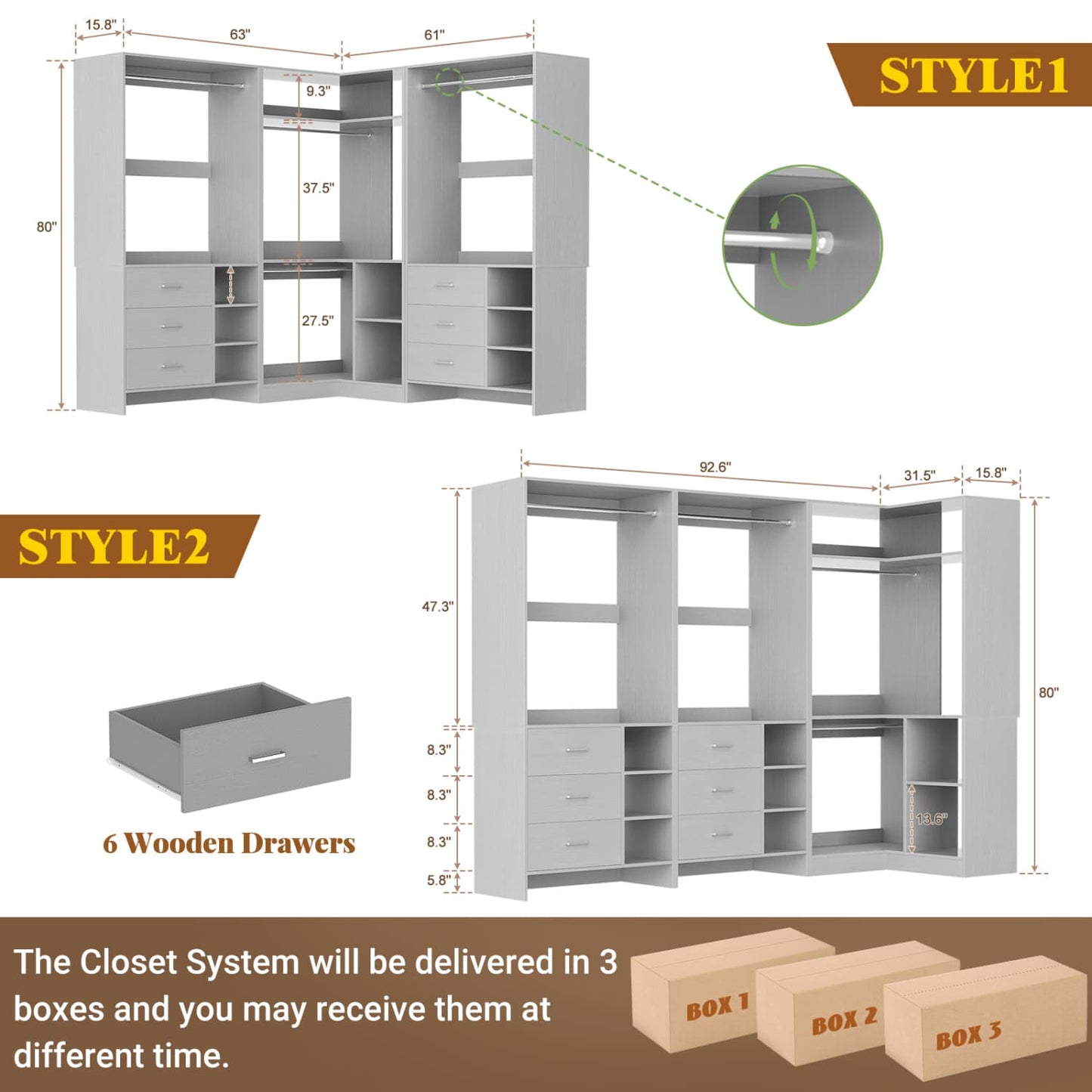 92-In Closet System Set with Wood Drawers, Corner Closet Organizer with Hanging Rods