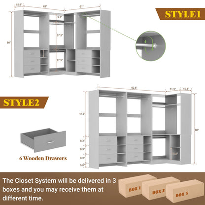 92-In Closet System Set with Wood Drawers, Corner Closet Organizer with Hanging Rods