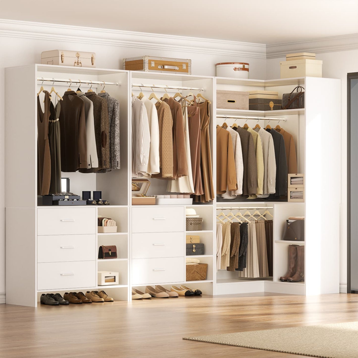 92-In Closet System Set with Wood Drawers, Corner Closet Organizer with Hanging Rods