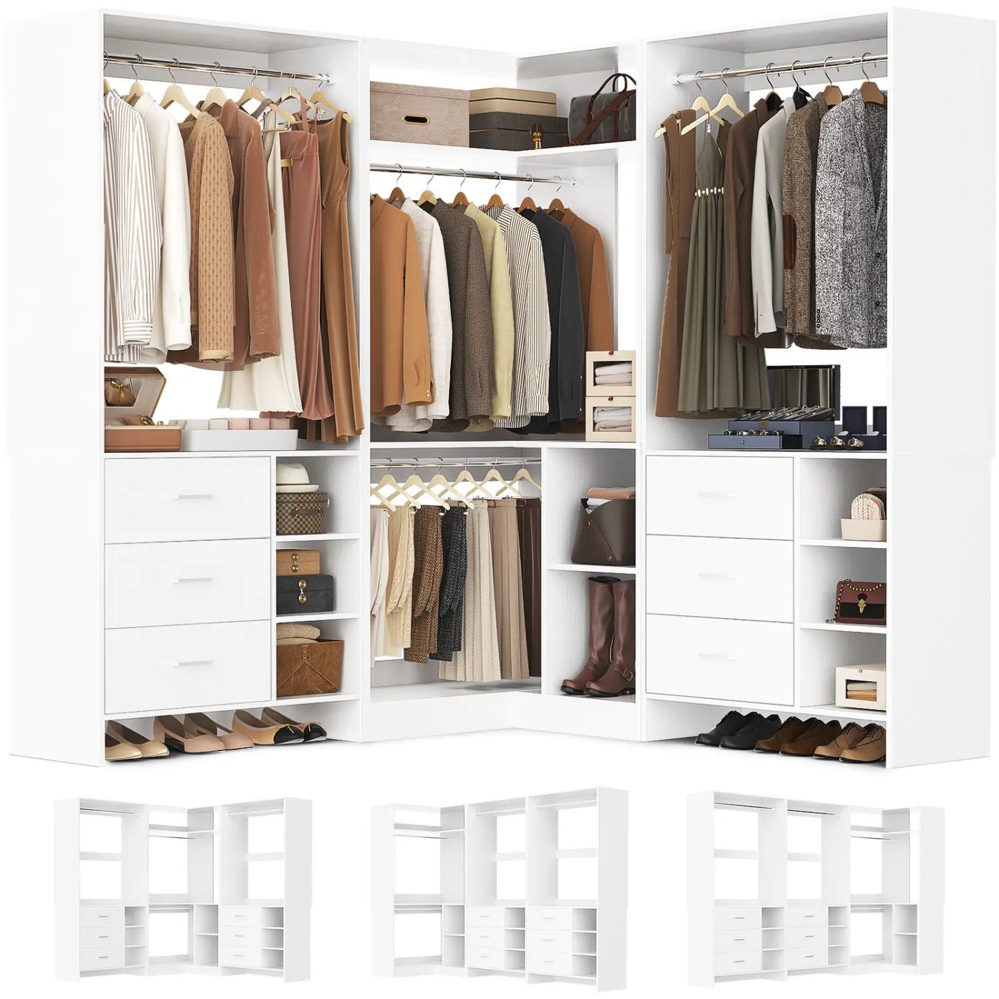 92-In Closet System Set with Wood Drawers, Corner Closet Organizer with Hanging Rods