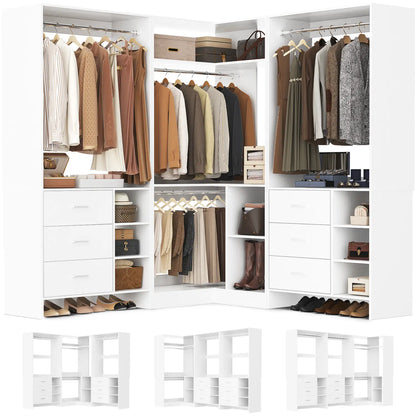 92-In Closet System Set with Wood Drawers, Corner Closet Organizer with Hanging Rods