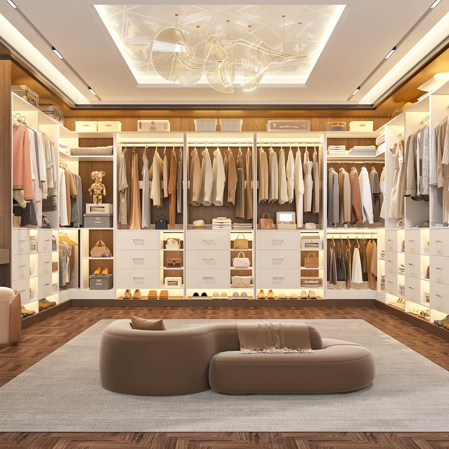 92-In Closet System Set with Wood Drawers, Corner Closet Organizer with Hanging Rods