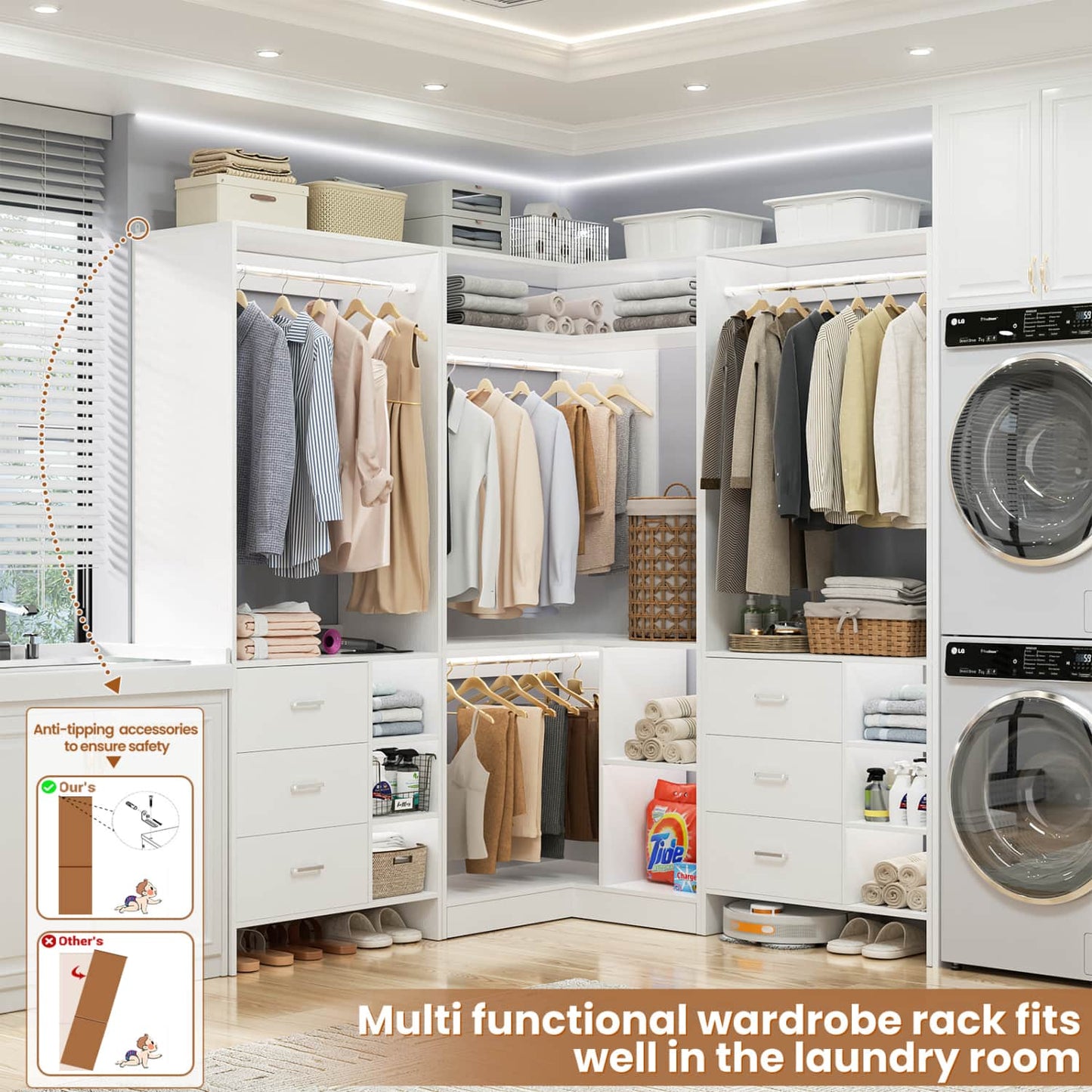 92-In Closet System Set with Wood Drawers, Corner Closet Organizer with Hanging Rods
