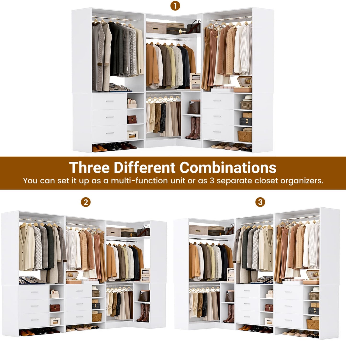 92-In Closet System Set with Wood Drawers, Corner Closet Organizer with Hanging Rods