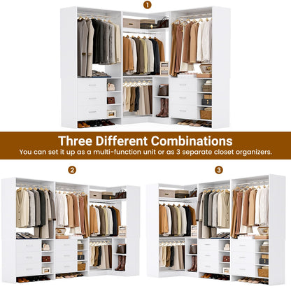 92-In Closet System Set with Wood Drawers, Corner Closet Organizer with Hanging Rods