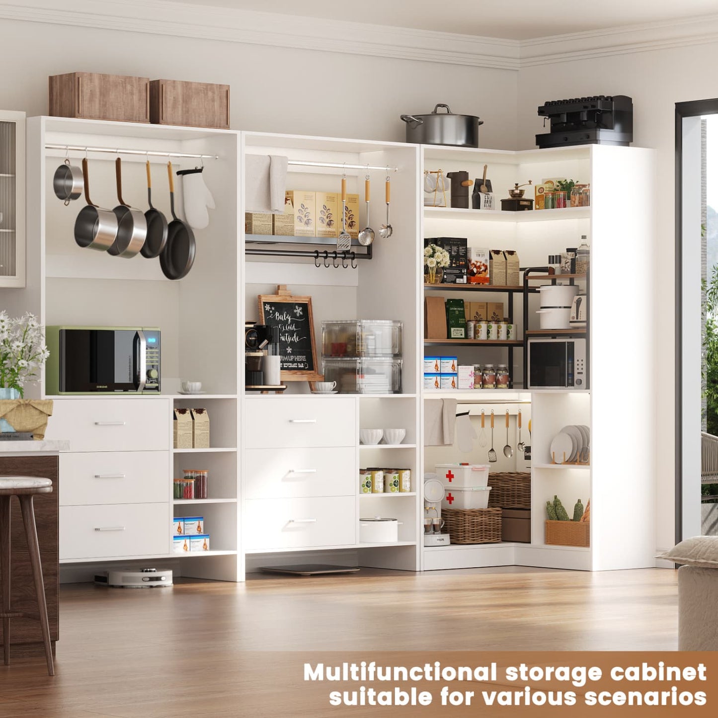 92-In Closet System Set with Wood Drawers, Corner Closet Organizer with Hanging Rods