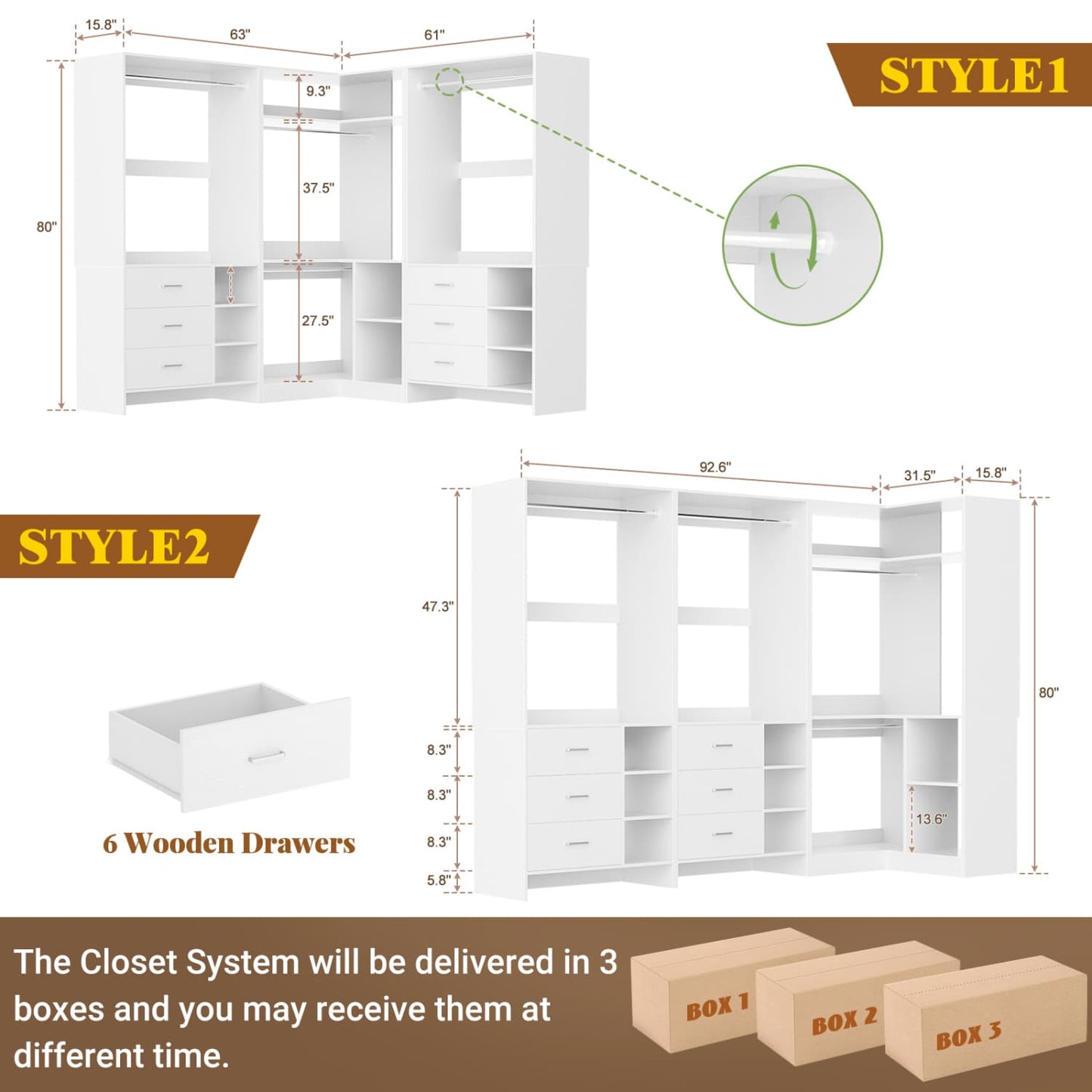92-In Closet System Set with Wood Drawers, Corner Closet Organizer with Hanging Rods