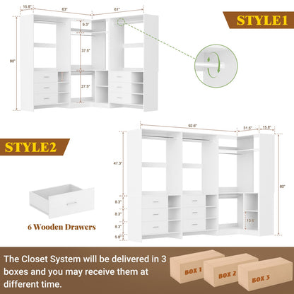 92-In Closet System Set with Wood Drawers, Corner Closet Organizer with Hanging Rods