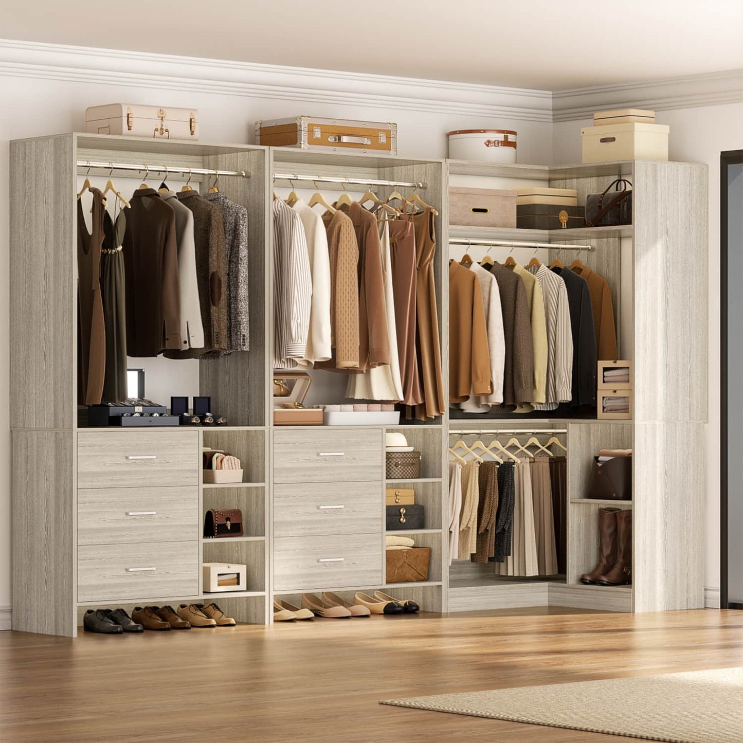 92-In Closet System Set with Wood Drawers, Corner Closet Organizer with Hanging Rods