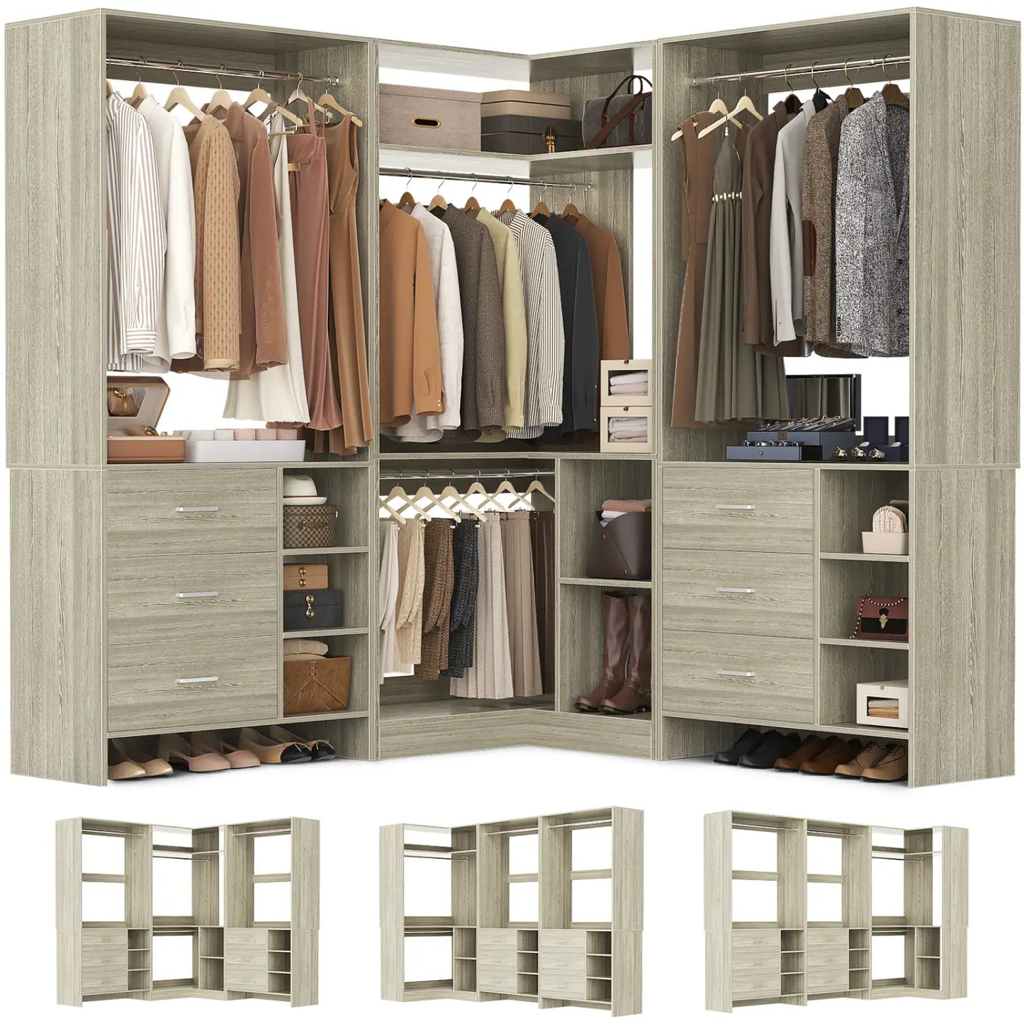 92-In Closet System Set with Wood Drawers, Corner Closet Organizer with Hanging Rods