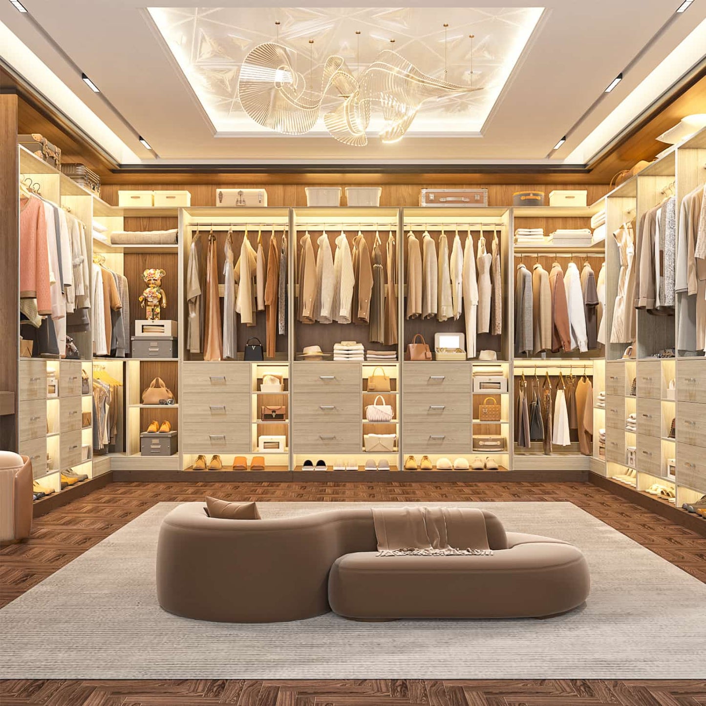 92-In Closet System Set with Wood Drawers, Corner Closet Organizer with Hanging Rods