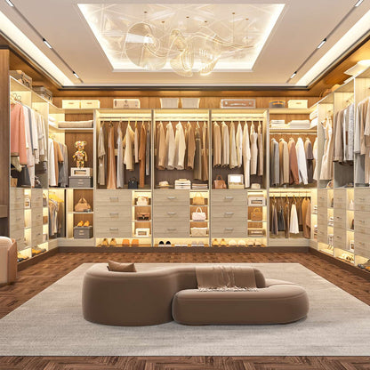 92-In Closet System Set with Wood Drawers, Corner Closet Organizer with Hanging Rods