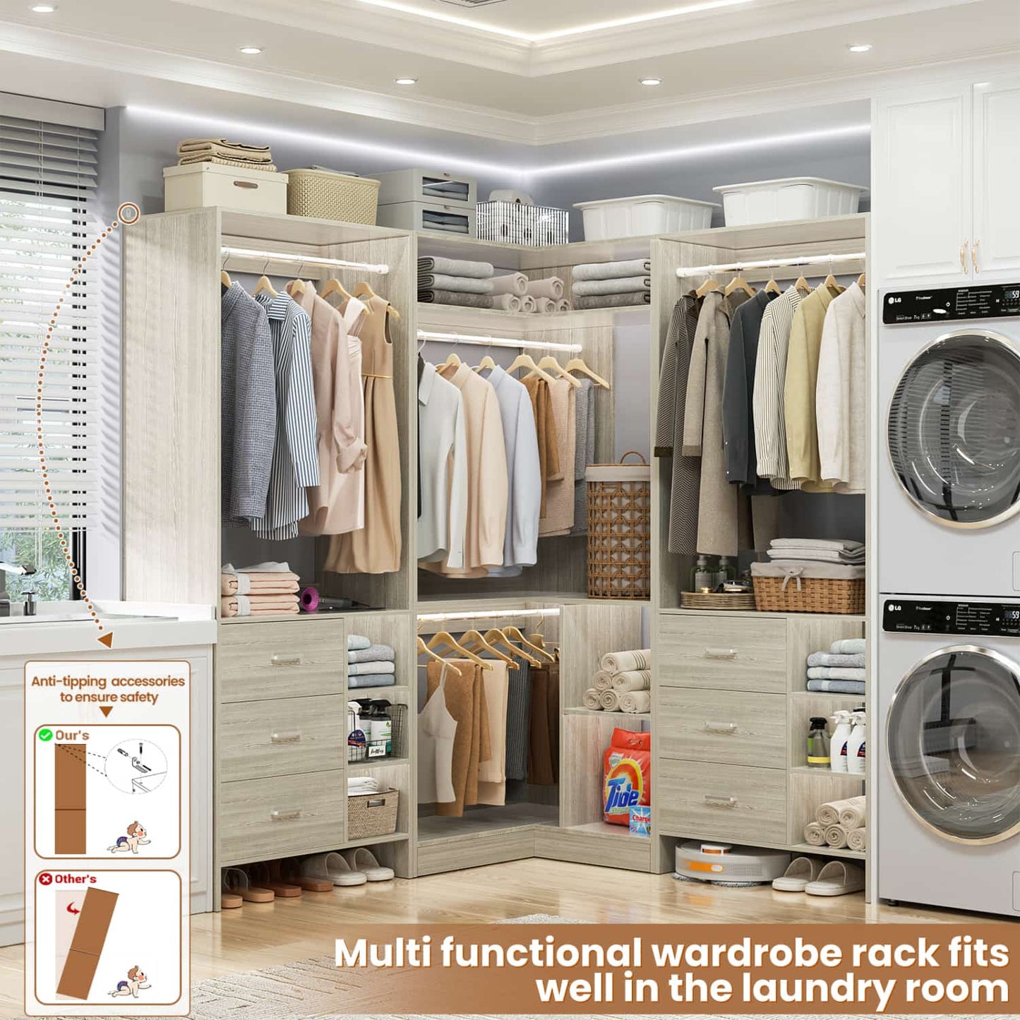 92-In Closet System Set with Wood Drawers, Corner Closet Organizer with Hanging Rods
