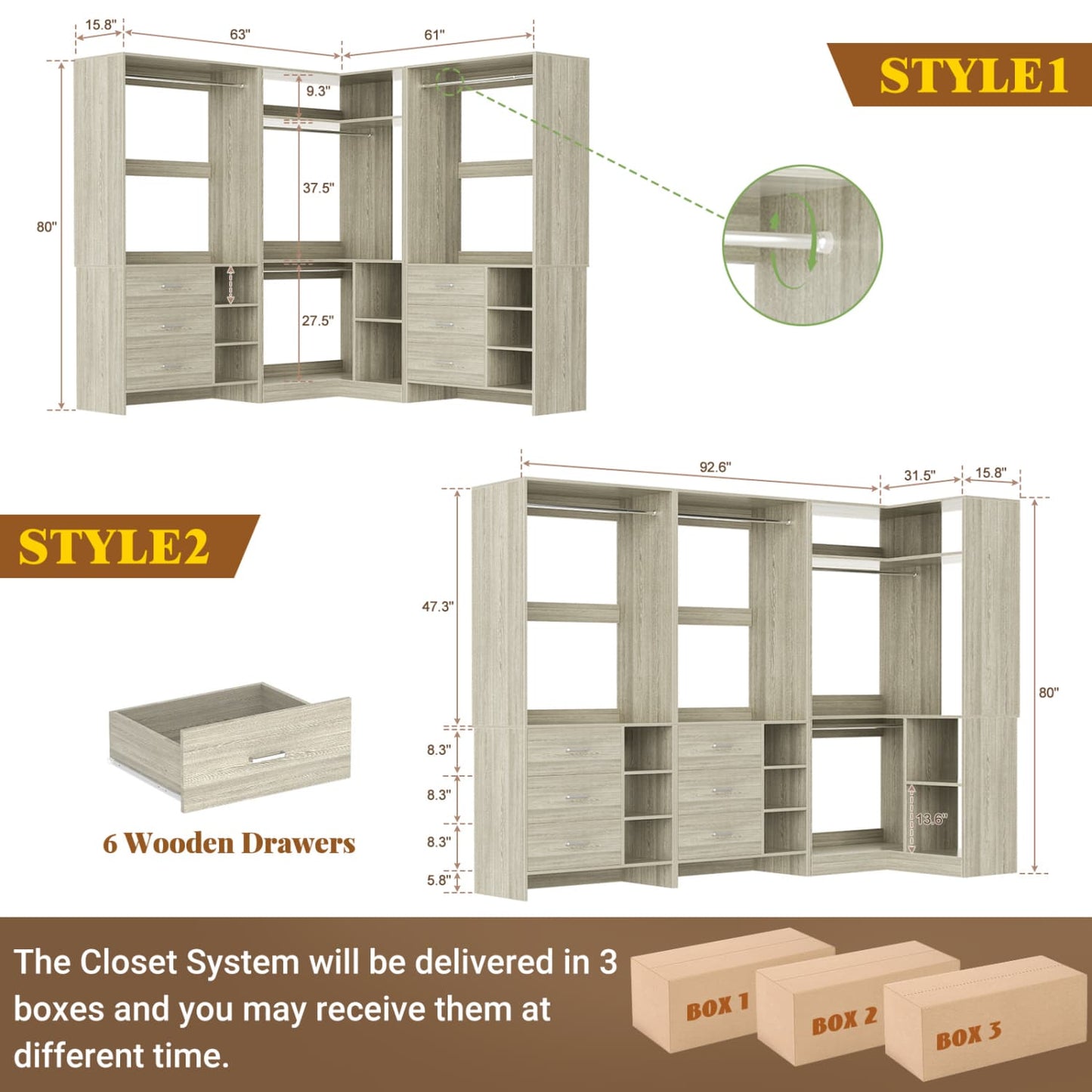 92-In Closet System Set with Wood Drawers, Corner Closet Organizer with Hanging Rods