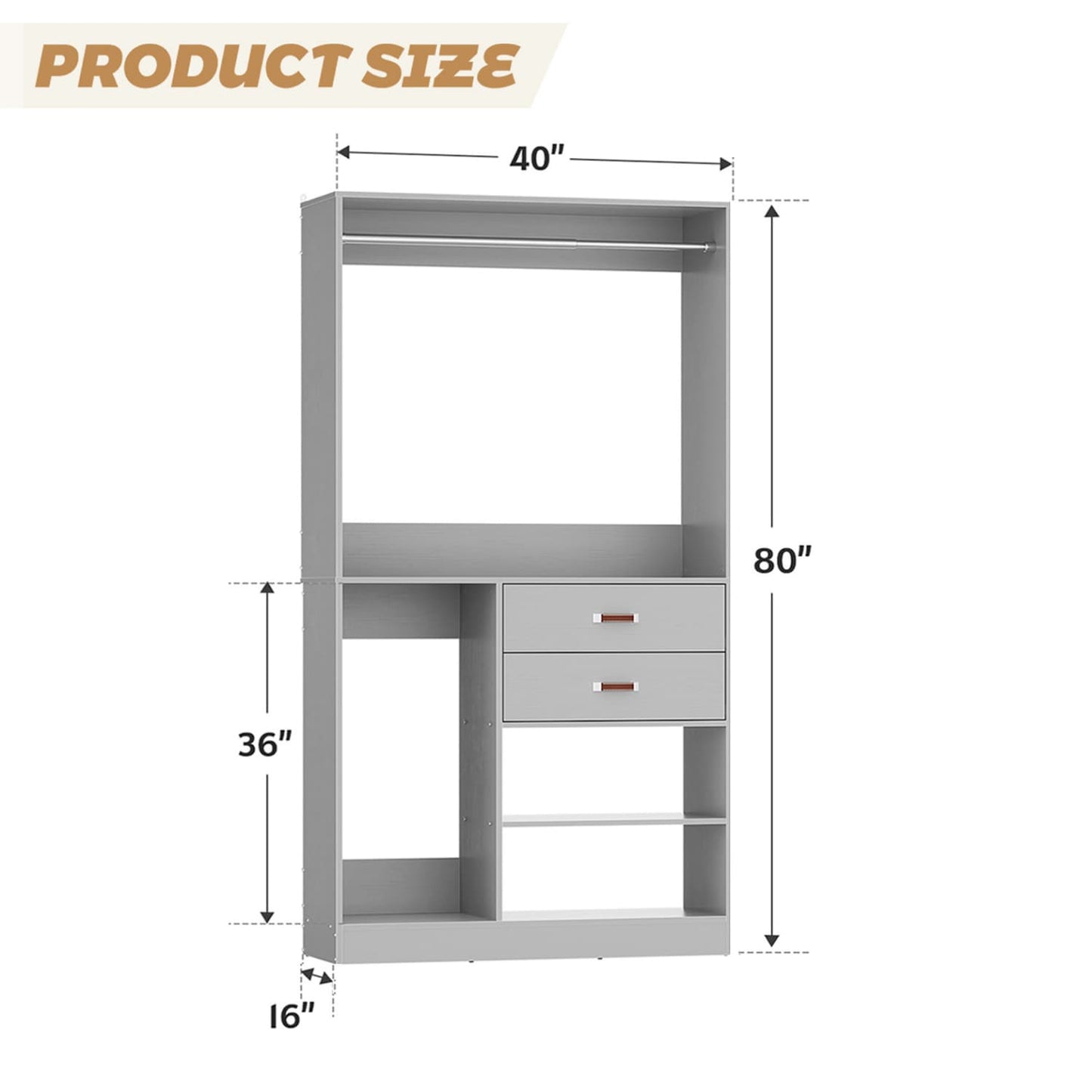 40-In Closet Organizer with Drawers, Freestanding Closet System