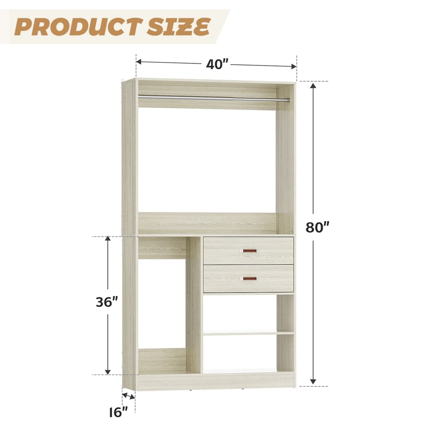 40-In Closet Organizer with Drawers, Freestanding Closet System