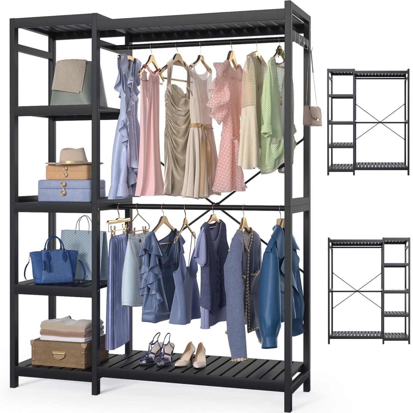 41-In Bamboo Garment Rack with Tower Shelves, Freestanding Closet Organizer with Hanging Rods