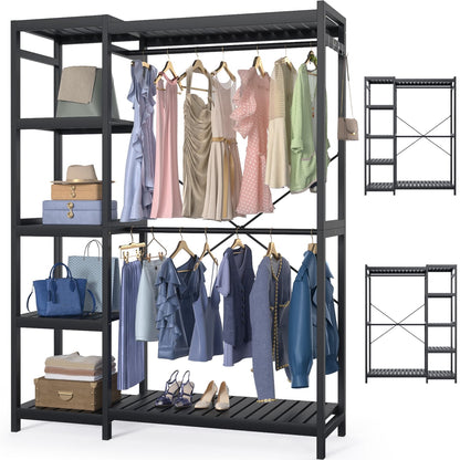 41-In Bamboo Garment Rack with Tower Shelves, Freestanding Closet Organizer with Hanging Rods