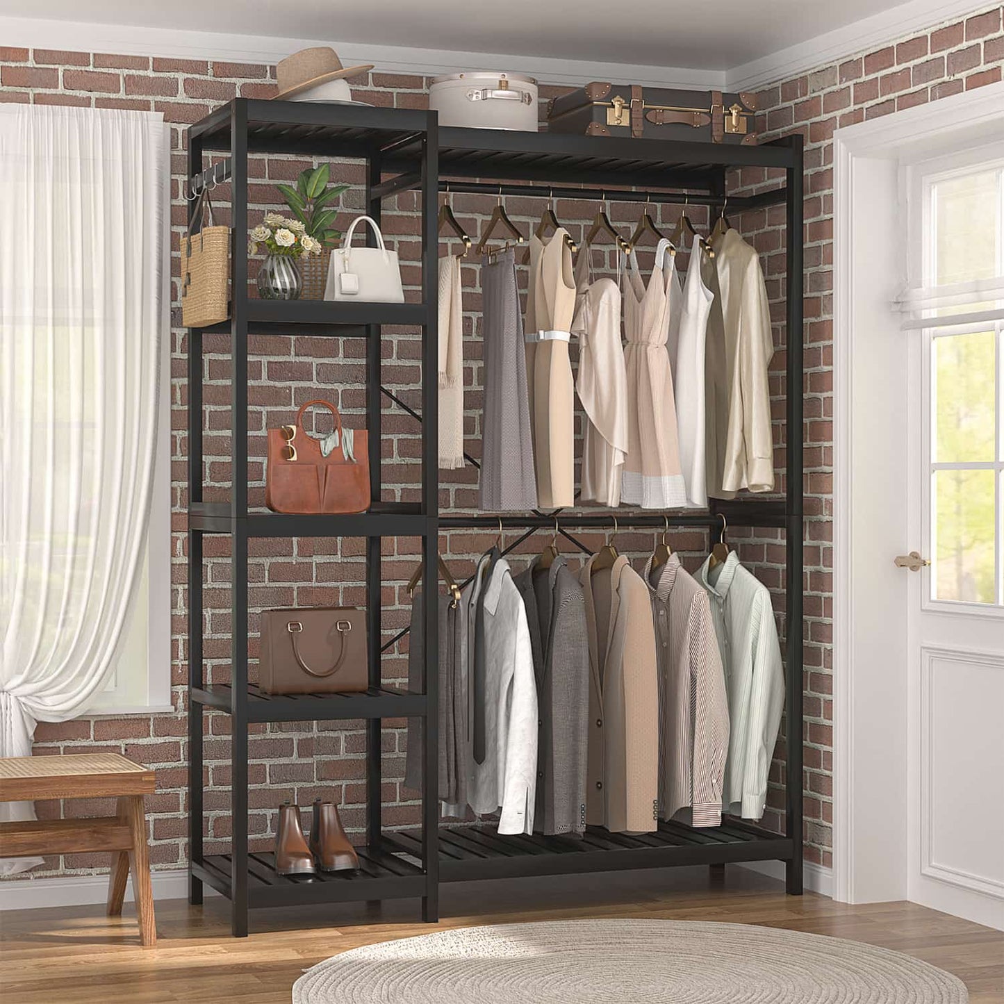 41-In Bamboo Garment Rack with Tower Shelves, Freestanding Closet Organizer with Hanging Rods