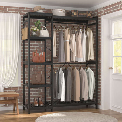 41-In Bamboo Garment Rack with Tower Shelves, Freestanding Closet Organizer with Hanging Rods