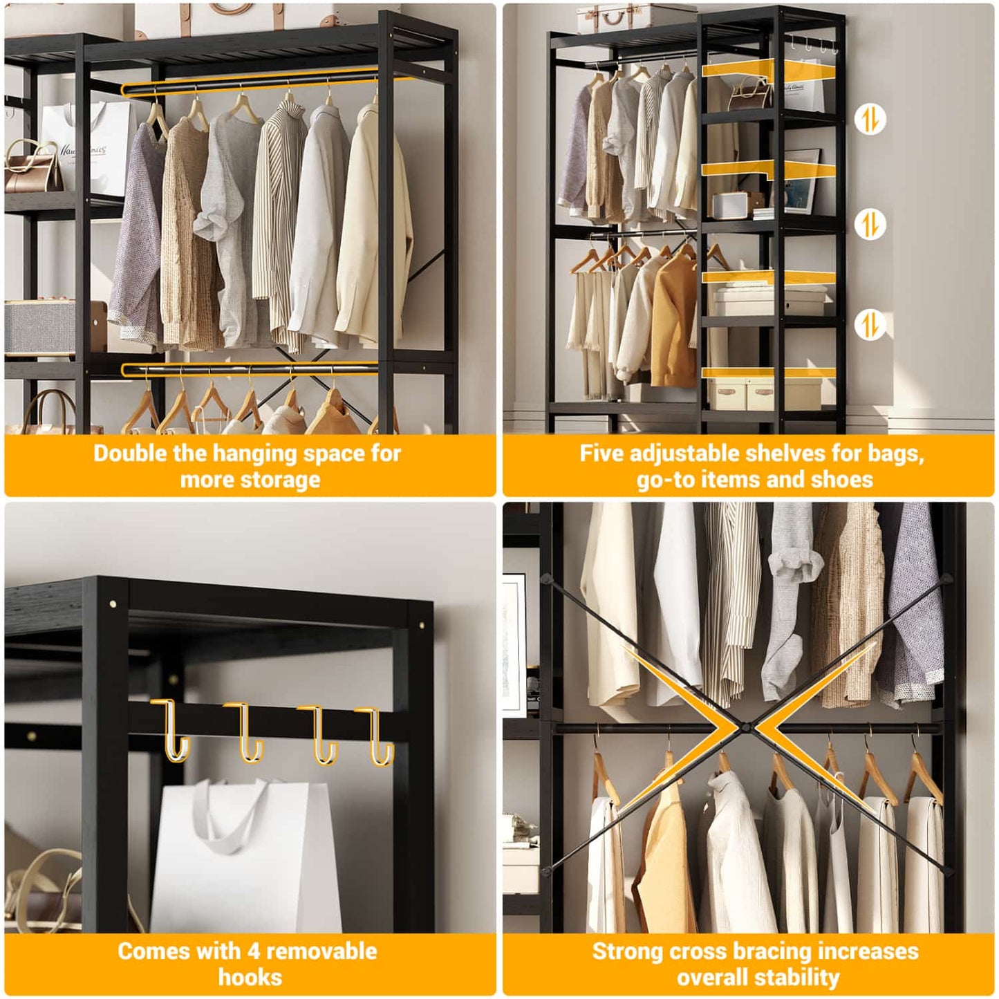 41-In Bamboo Garment Rack with Tower Shelves, Freestanding Closet Organizer with Hanging Rods