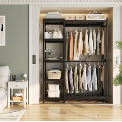 41-In Bamboo Garment Rack with Tower Shelves, Freestanding Closet Organizer with Hanging Rods