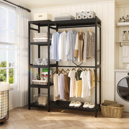 41-In Bamboo Garment Rack with Tower Shelves, Freestanding Closet Organizer with Hanging Rods