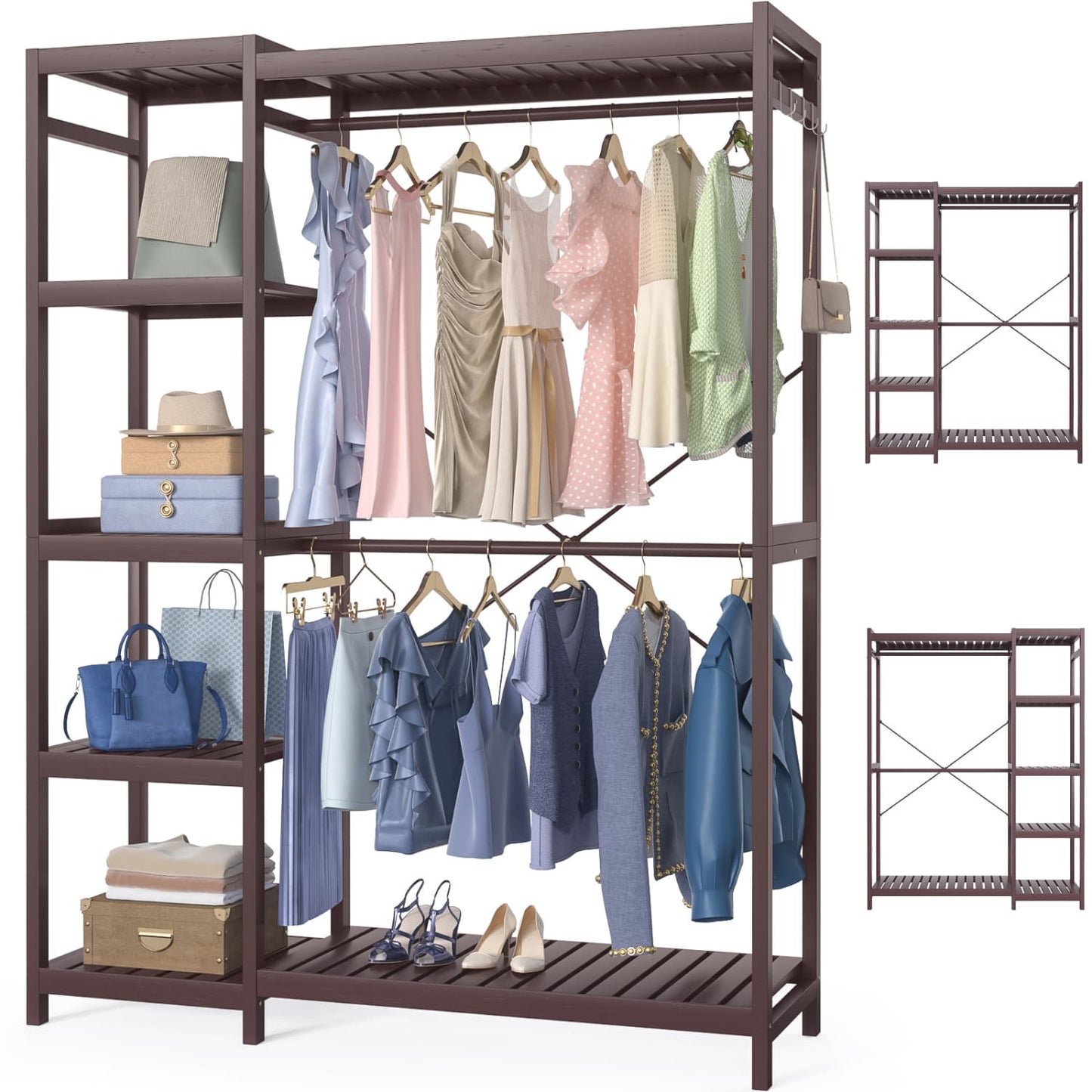 41-In Bamboo Garment Rack with Tower Shelves, Freestanding Closet Organizer with Hanging Rods