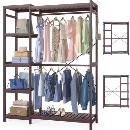 41-In Bamboo Garment Rack with Tower Shelves, Freestanding Closet Organizer with Hanging Rods