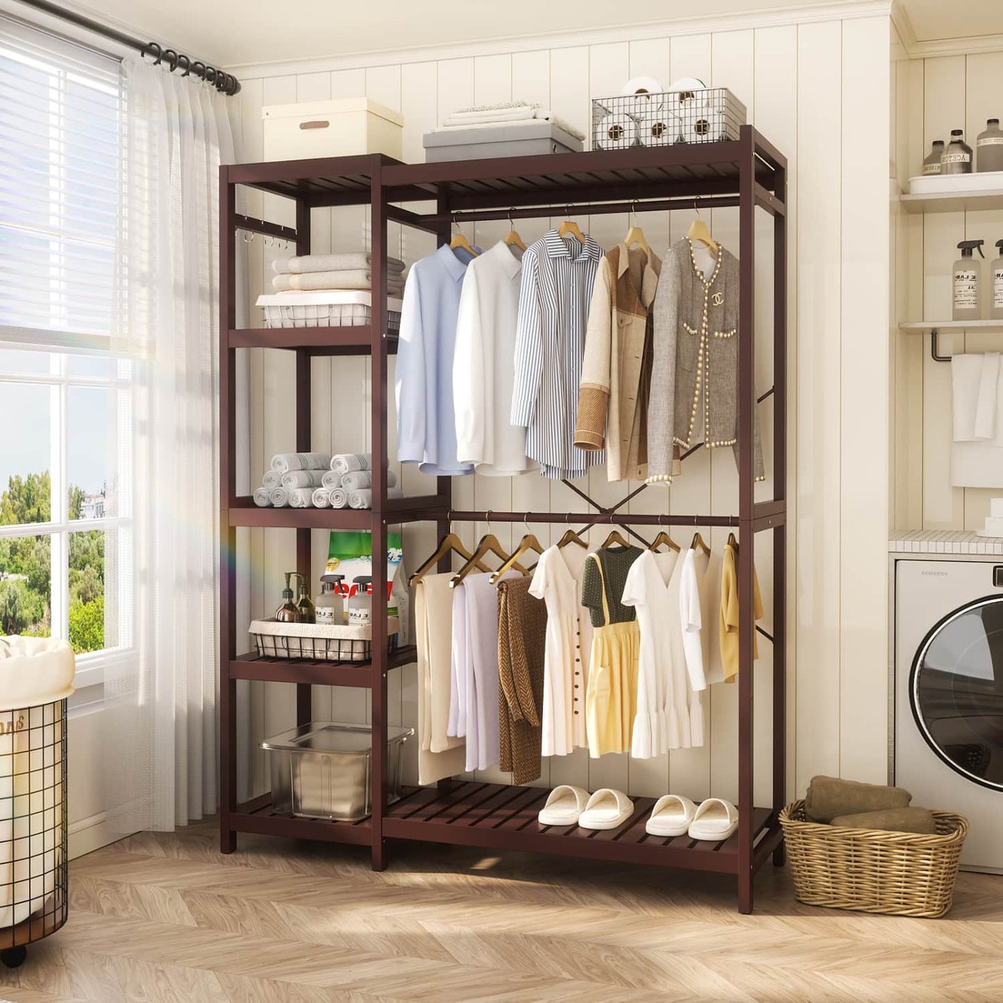 41-In Bamboo Garment Rack with Tower Shelves, Freestanding Closet Organizer with Hanging Rods