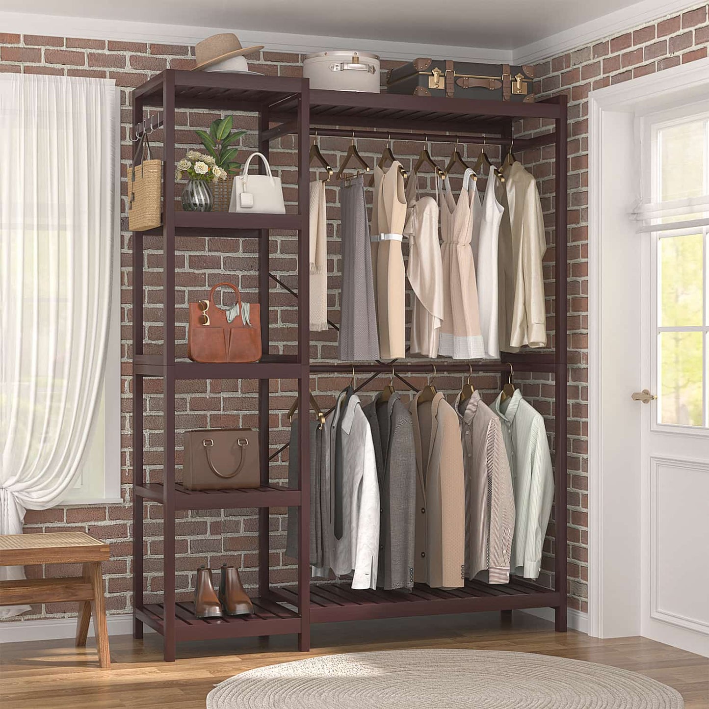 41-In Bamboo Garment Rack with Tower Shelves, Freestanding Closet Organizer with Hanging Rods